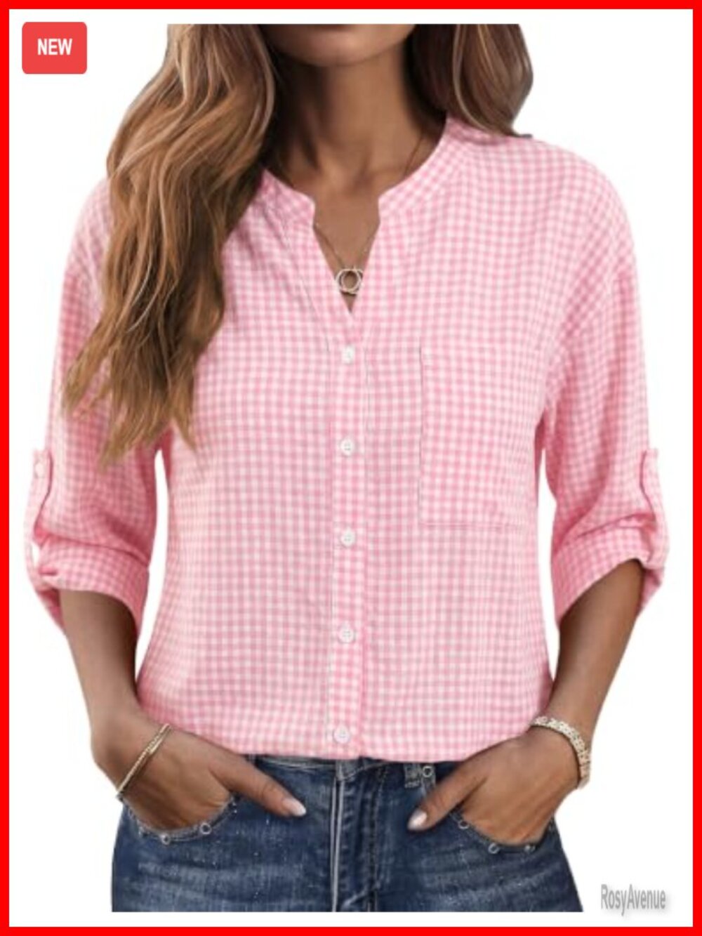Women's 3/4 Sleeve Button Down Blouse V-Neck Casual Work Shirt